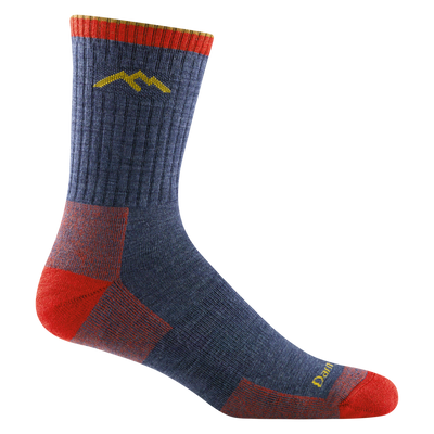 1466 men's micro crew hiking sock in denim blue with red toe/heel accents and yellow darn tough signature on forefoot