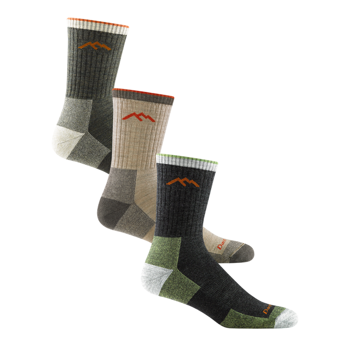 3 pack bundle shot of the men's 1466 micro crew hiking sock in  lime, oatmeal, and olive. 