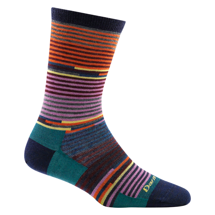 1692 women's pixie crew lifestyle sock in color navy with orange, pink, teal and yellow striping