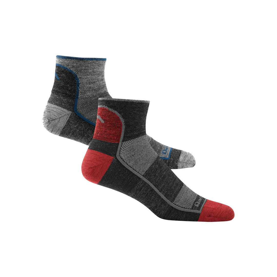 2 pack bundle shot including men's 1715 quarter athletic sock in both offered colors, charcoal and team DTV red 