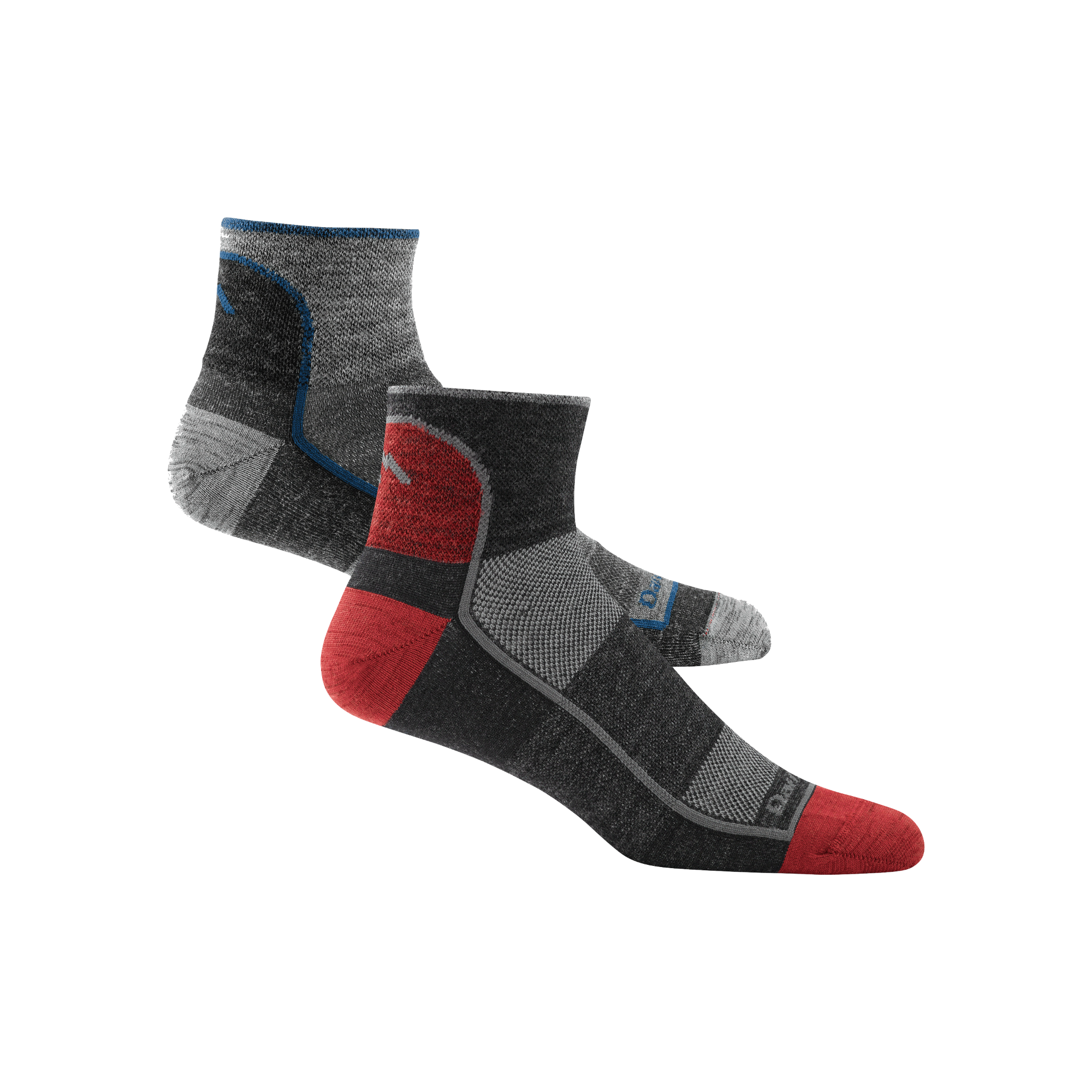 2 pack bundle shot including men's 1715 quarter athletic sock in both offered colors, charcoal and team DTV red 