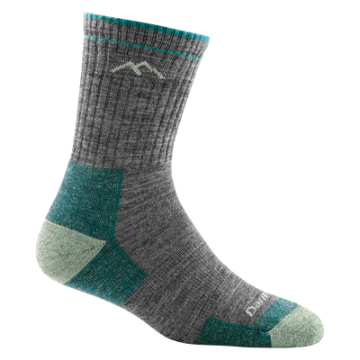 1903 women's micro crew hiking sock in color slate gray with seafoam toe/heel accents and teal color block details