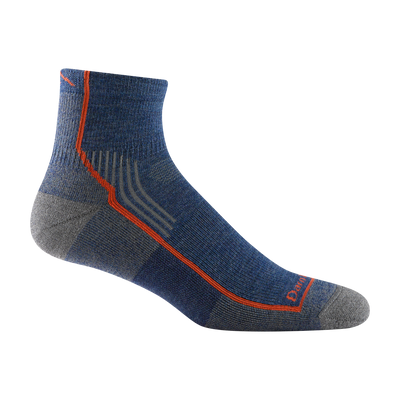 1959 men's quarter hiking sock in color denim blue with gray toe/heel accents and orange forefoot outline