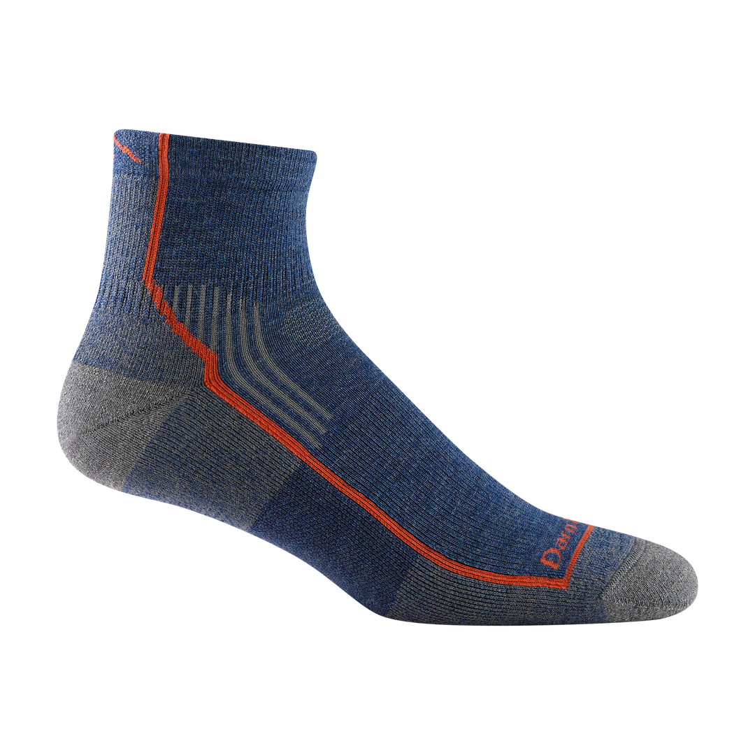 1959 men's quarter hiking sock in color denim blue with gray toe/heel accents and orange forefoot outline