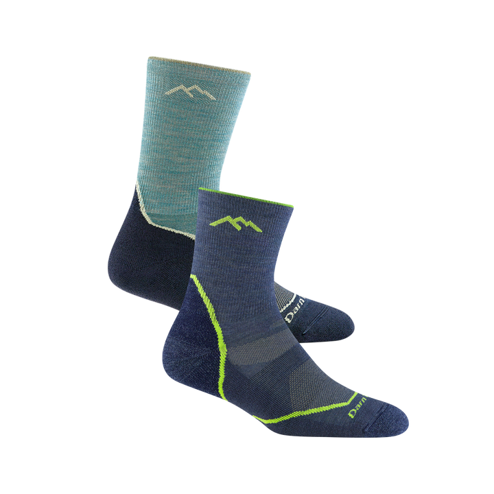 2 pack bundle including the women's light hiker micro crew hiking sock in aqua and the kids light hiker micro crew hiking sock in denim blue