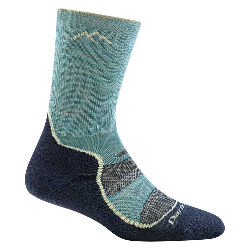 1967 women's light hiker micro crew hiking sock in aqua blue with navy blue cushioning