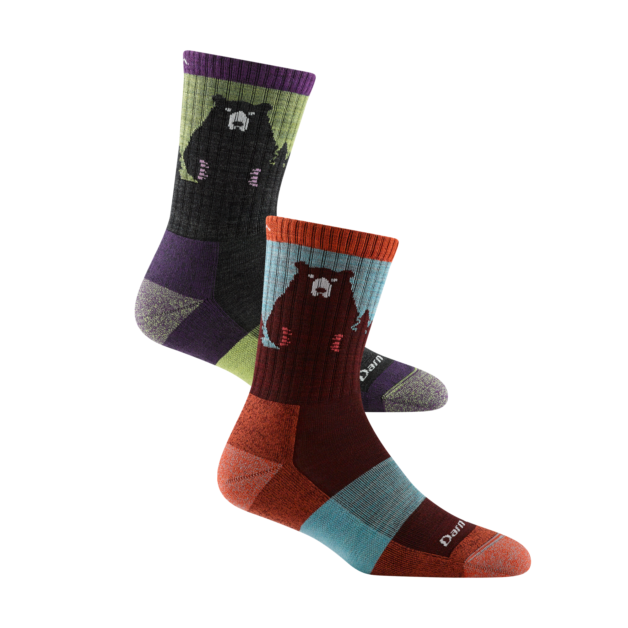 2 pack bundle including 2 pairs of the women's bear town micro crew hiking sock in lime and burgundy
