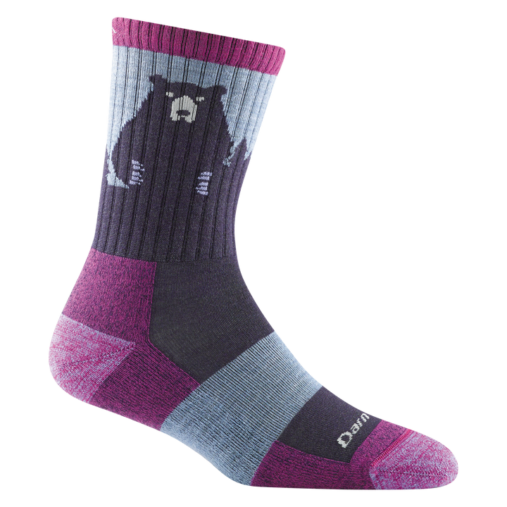 1970 women's bear town micro crew hiking sock in color purple with heathered toe/heel accents and purple bear design on calf