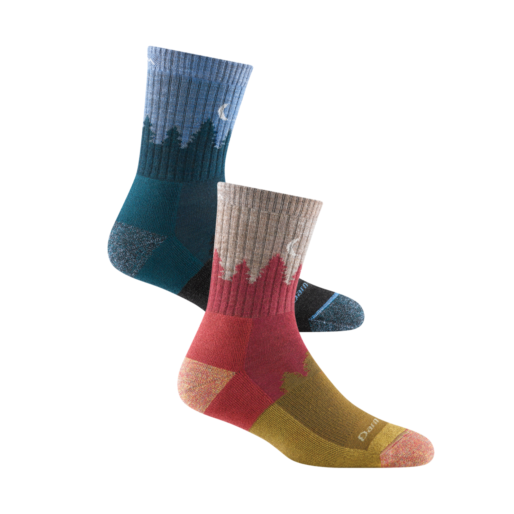2 pack bundle shot of the women's treeline micro crew hiking sock in blue and in cranberry