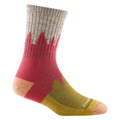 Reverse side of women's treeline micro crew hiking sock in color cranberry with grey calf and yellow forefoot