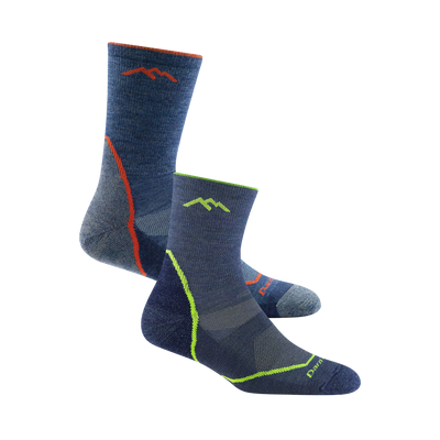 2 pack bundle including the men's light hiker micro crew hiking sock in denim and the kids light hiker micro crew hiking sock in denim