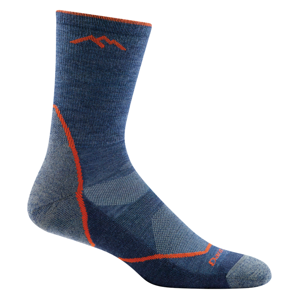 1972 men's light hiker micro crew hiking sock in denim blue with orange stripe details around the cushioning