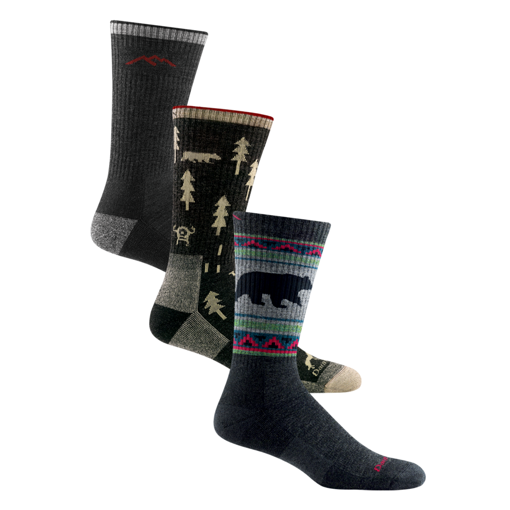 3 pack bundle shot of the men's boot hiking sock in black, the ABC boot hiking sock in black and the vangrizzle boot hiking sock in charcoal
