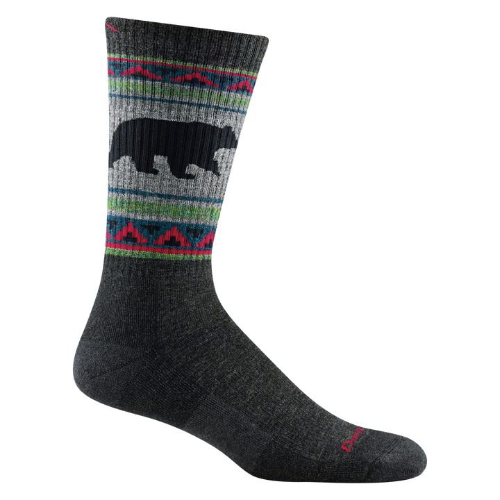 1980 men's vangrizzle boot hiking sock in color charcoal with green, blue and red striping around calf and black bear design