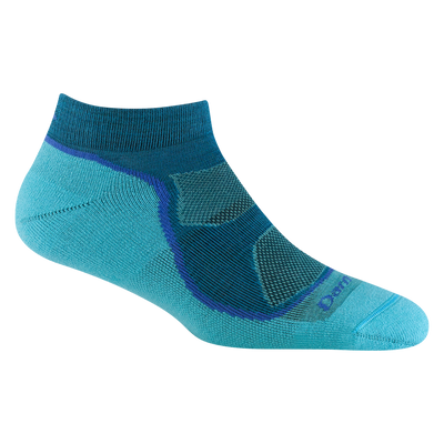 1987 women's light hiker no show hiking sock in cascade blue with teal underfoot and toe/heel and royal blue forefoot outline