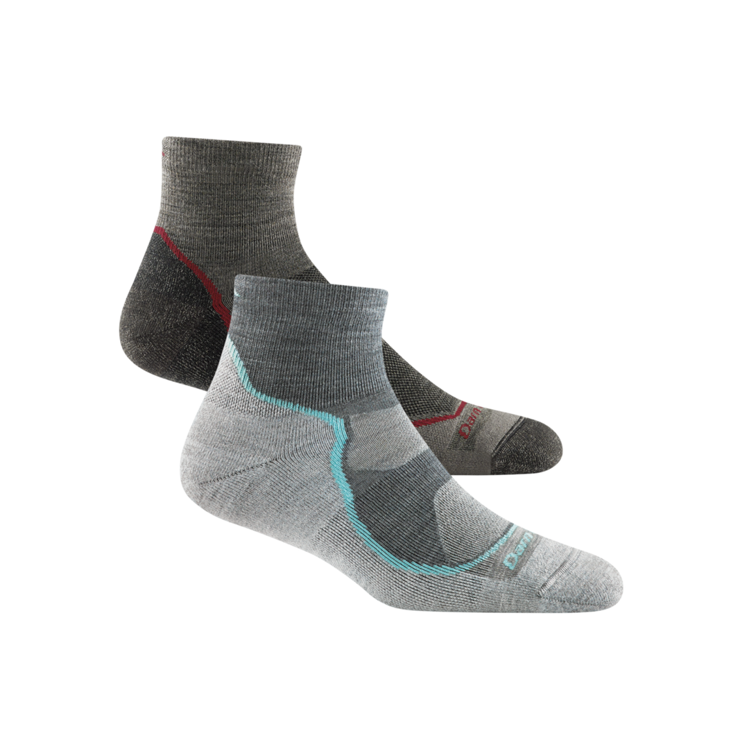 2 pack bundle shot including women's slate and men's taupe light quarter hiking sock 