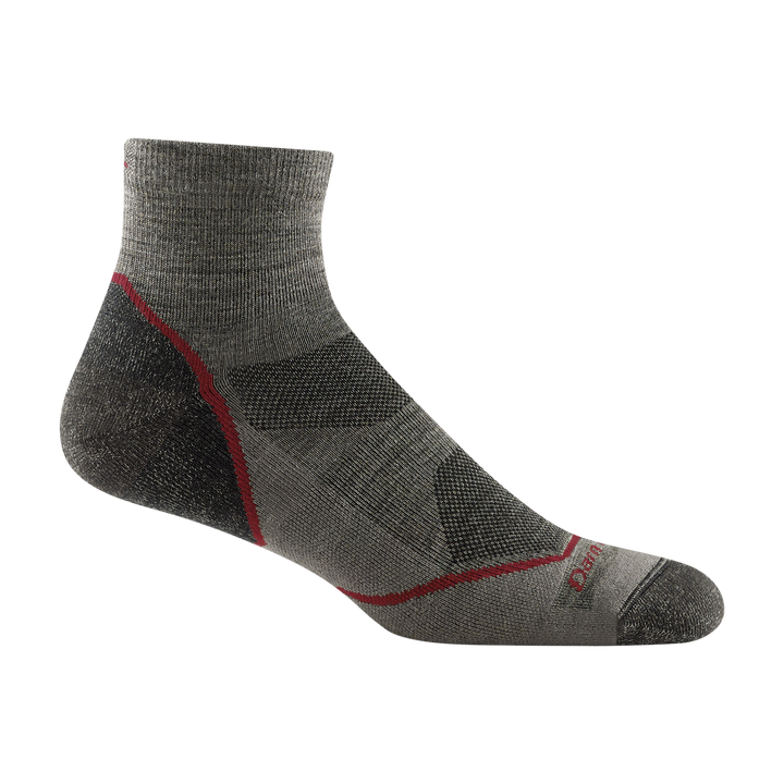 1991 men's light hiker quarter hiking sock in color taupe with dark grey toe/heel accents and red stripe on heel and forefoot