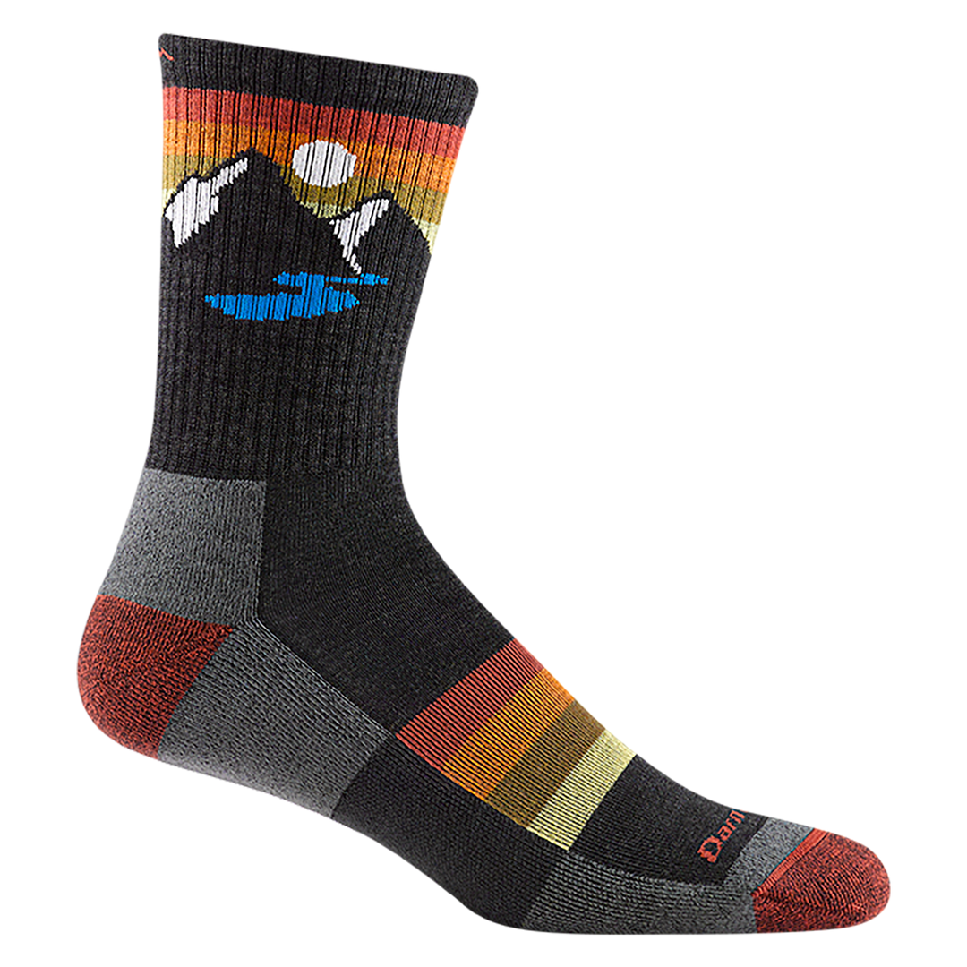 1997 men's sunset ridge micro crew hiking sock in charcoal with red toe/heel accents, warm toned stripes, and mountain design