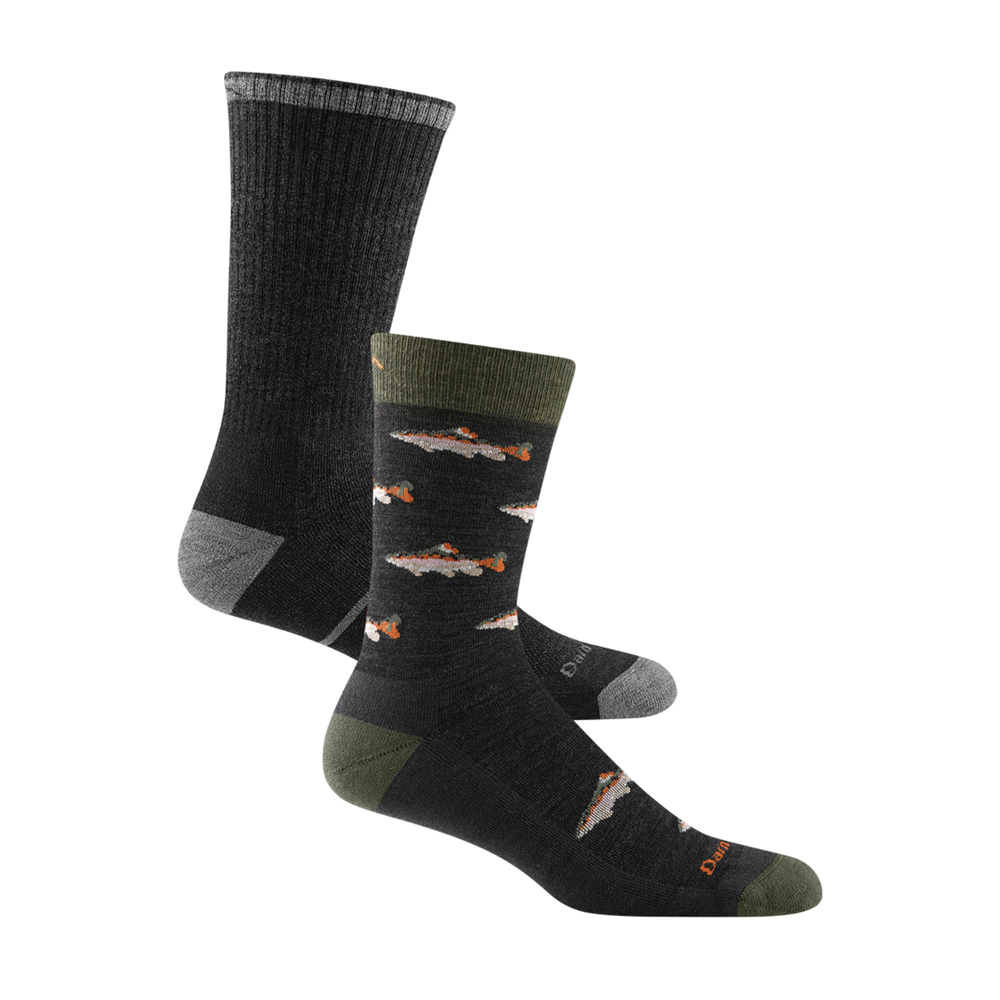 2 pack bundle shot of the men's spey fly crew lifestyle sock in charcoal and the men's william jarvis boot work sock in gravel