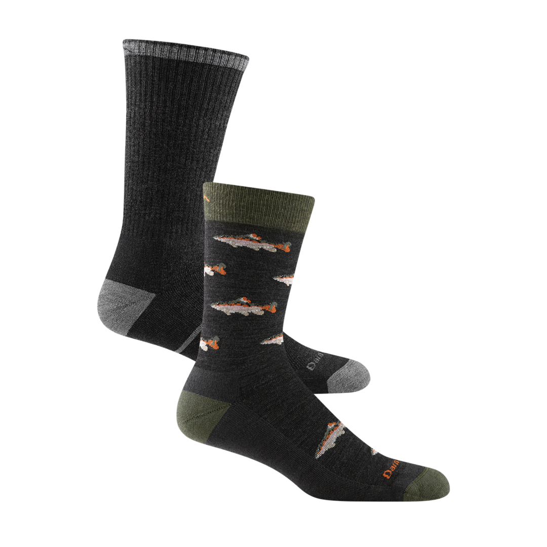 2 pack bundle shot of the men's spey fly crew lifestyle sock in charcoal and the men's william jarvis boot work sock in gravel