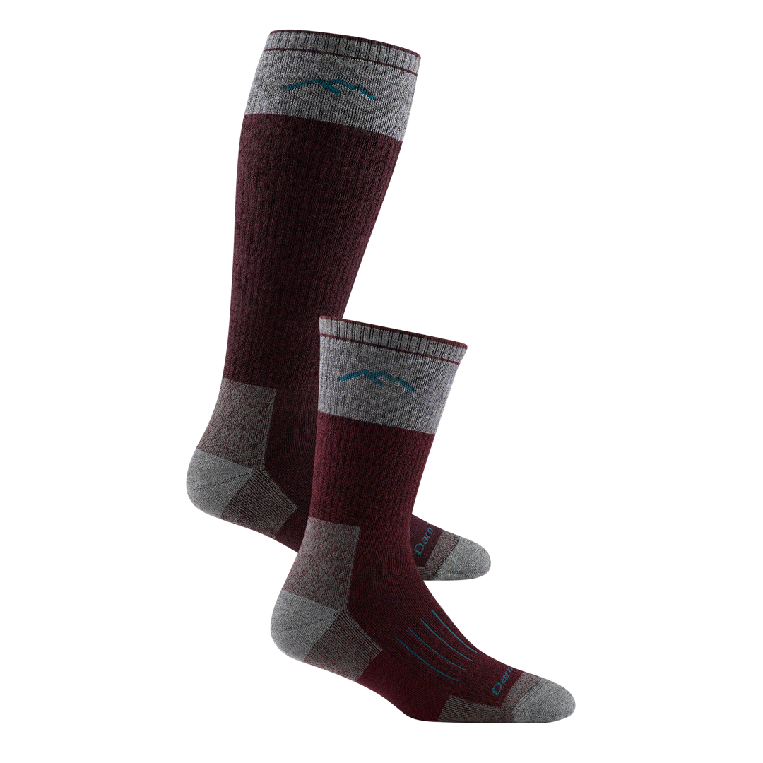 2 pack bundle including the women's over-the-calf hunting sock and boot hunting sock in burgundy