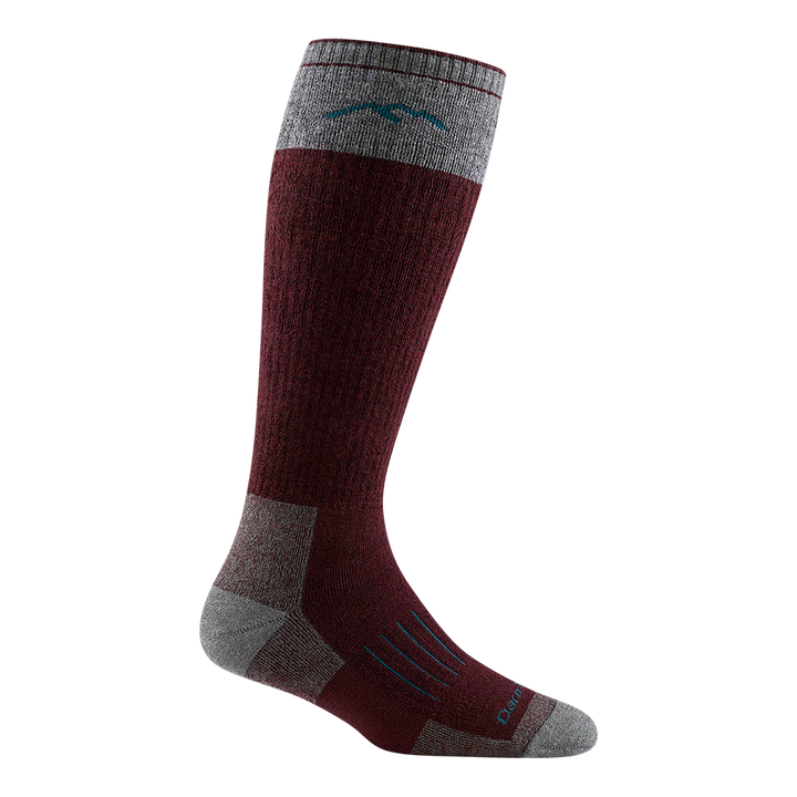 2105 women's over-the-calf hunting sock in burgundy with light gray toe/heel accents and blue vertical striping on forefoot
