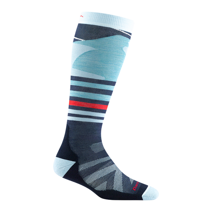 Reverse side of kids skipper over-the-calf ski sock in glacier blue with red and blue striping detail on ankle