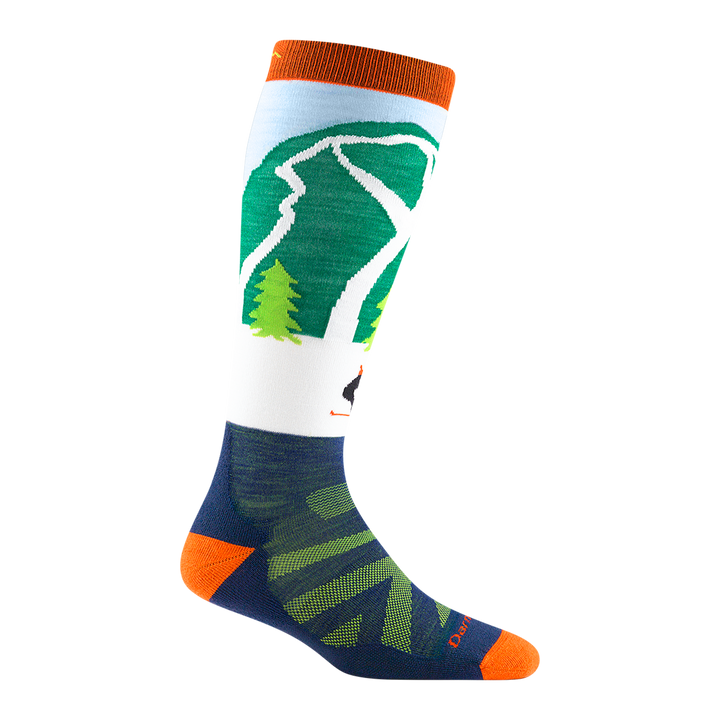 Reverse side of kids pow cow over-the-calf ski sock in green with ski slope design and green chevron forefoot details