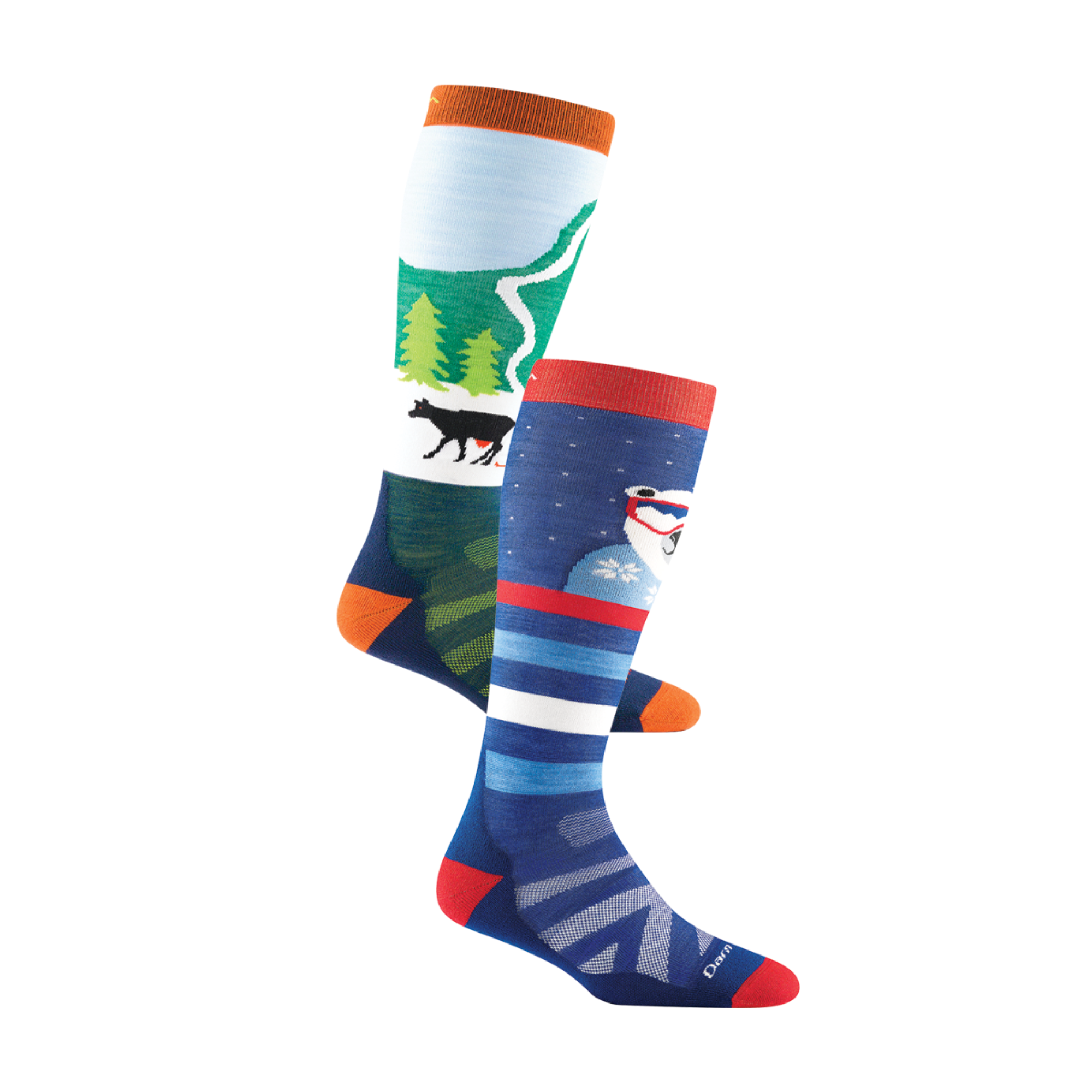 2 pack bundle shot including the kids' polar patroller over-the-calf snow sock and the kids' pow cow over-the-calf snow sock