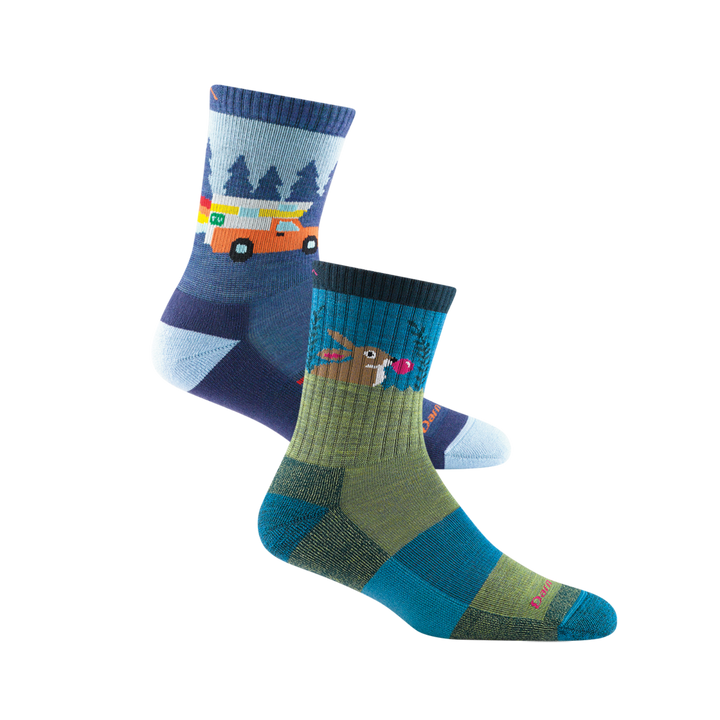 2 pack bundle shot including the kids' van wild micro crew hiking sock and the kids' bubble bunny jr. micro crew hiking sock