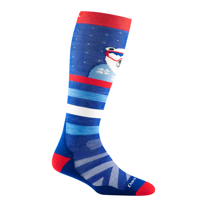 3039 kid's polar patroller over-the-calf ski sock in marine blue with red toe/heel accents and white polar bear on shin
