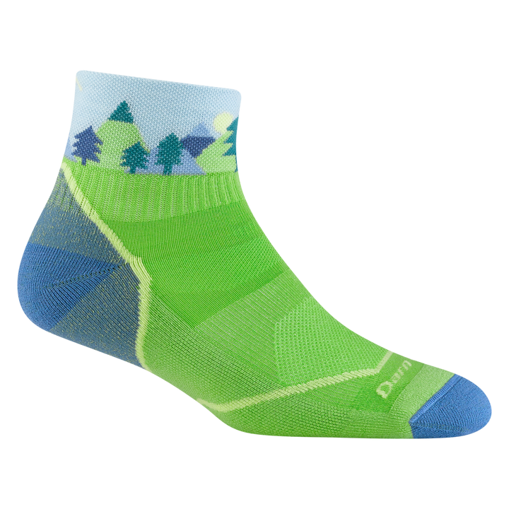 3041 kids quest quarter hiking sock in green with blue toe/heel accents and tree details on ankle