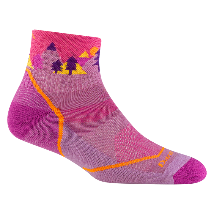 3041 kids quest quarter hiking sock in violet with pink toe/heel acents and purple and yellow trees around the ankle