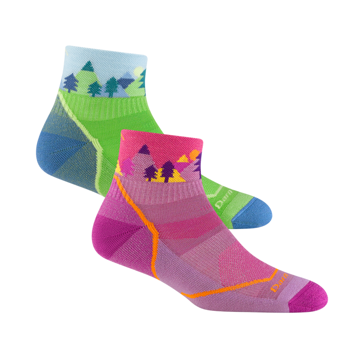 2 pack bundle including 2 pairs of the kids quest quarter hiking sock in green and violet