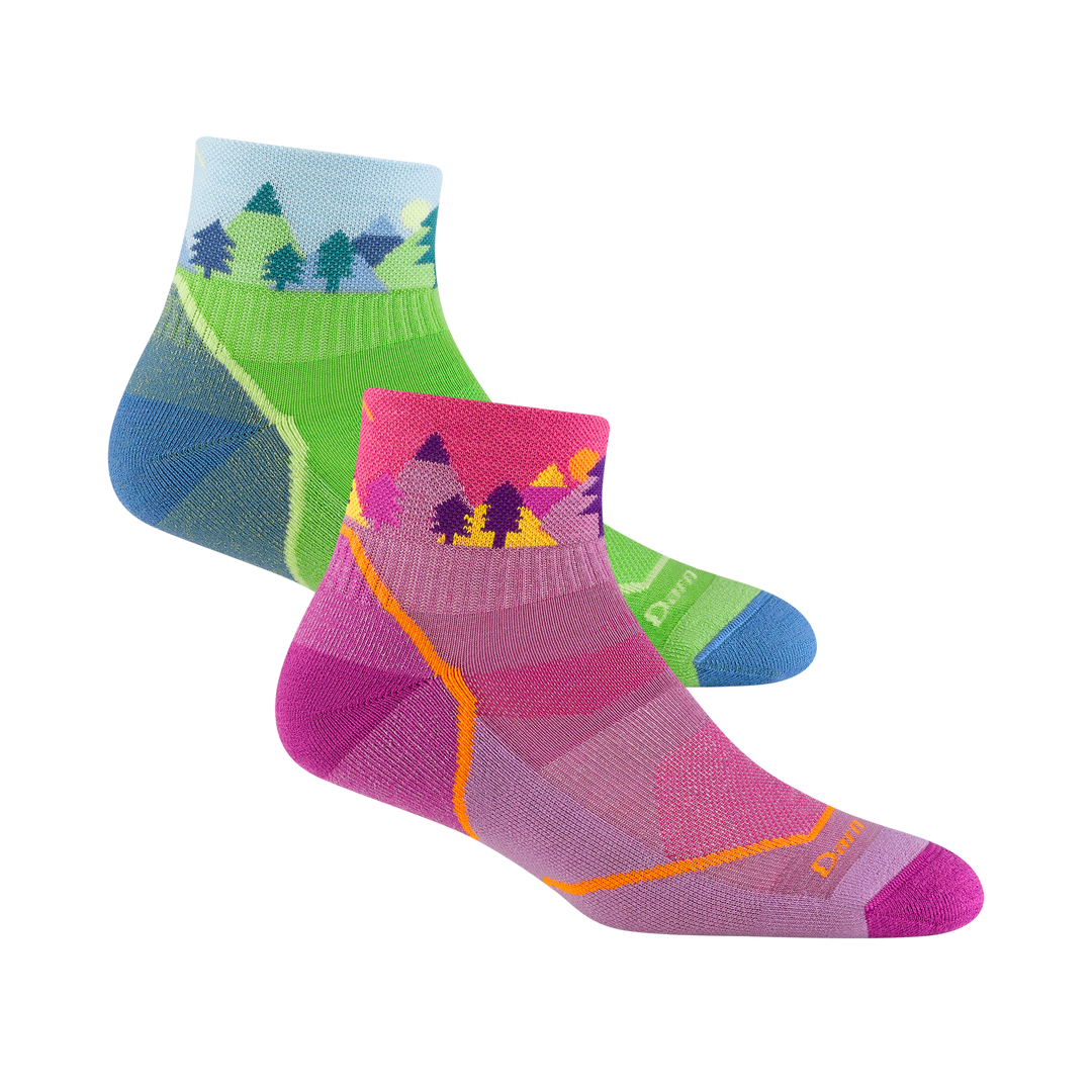 2 pack bundle including 2 pairs of the kids quest quarter hiking sock in green and violet