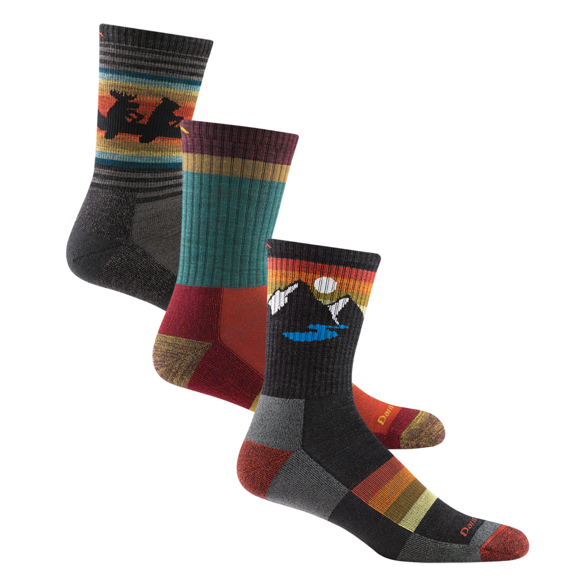 3 pack bundle shot of men's willoughby hiking sock in taupe, men's sunset ridge micro crew hiking sock in charcoal, and the men's heady stripe micro crew hiking sock in teal