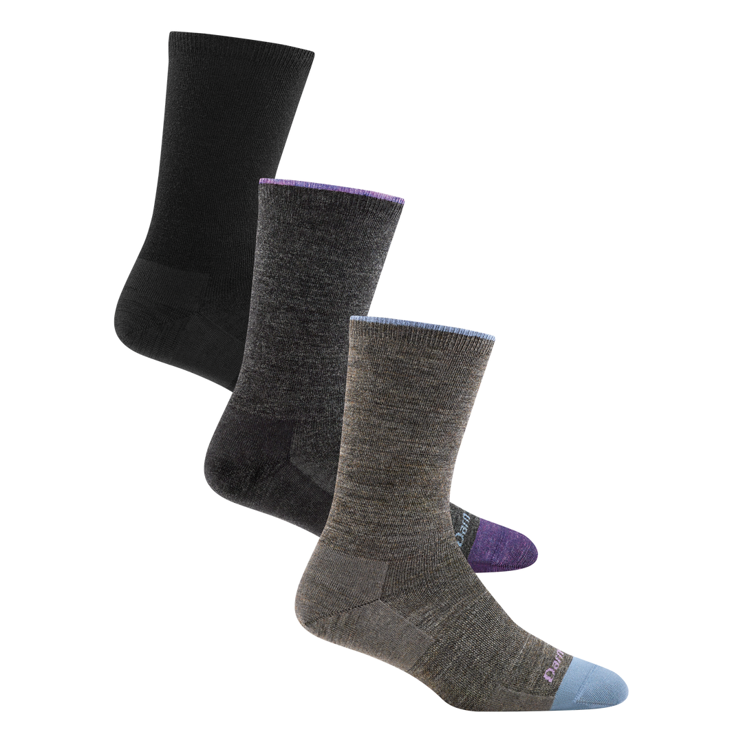 3 pack bundle including 3 pairs of the women's solid basic crew lifestyle sock in taupe, charcoal, and black