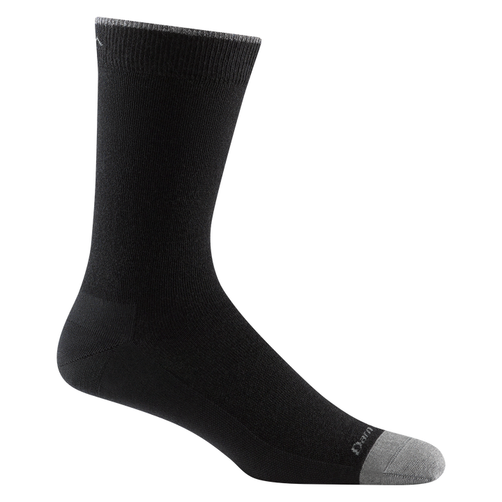 6032 men's solid crew lifestyle sock in color black with light gray toe accent and darn tough signature on forefoot