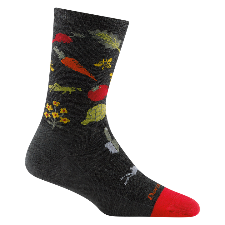 6054 women's farmer's market crew lifestyle sock in color charcoal gray with red toe accent and vegetable designs