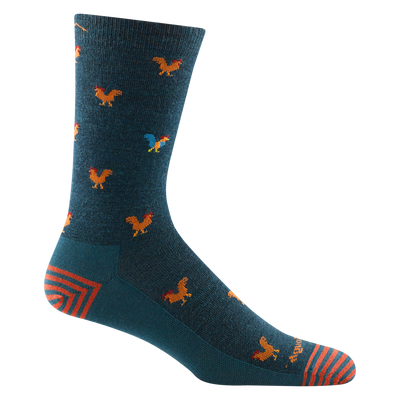 Reverse side of men's strut crew lifestyle sock in dark teal with orange darn tough signature on forefoot