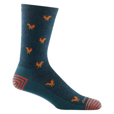 6060 men's strut crew lifestyle sock in dark teal with orange striped toe/heel accents and orange chickens design