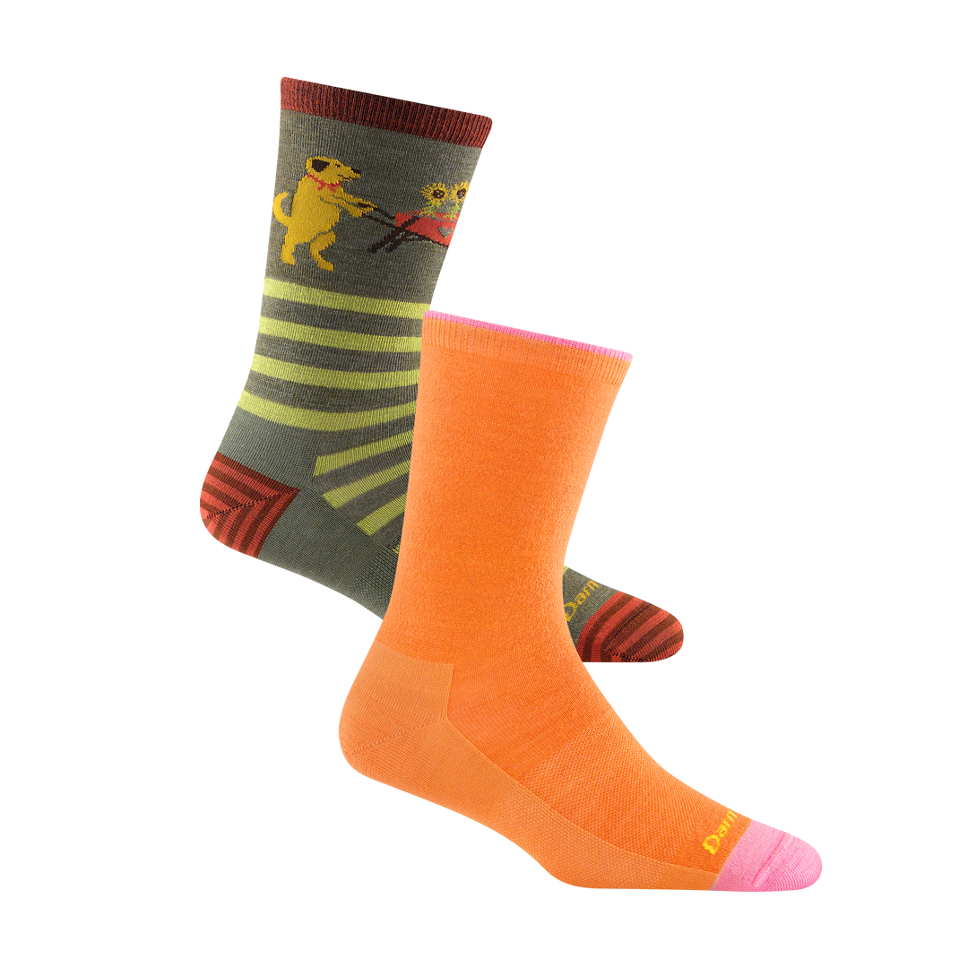 2 pack bundle including the 6212 women's limited edition solid crew lifestyle sock in apricot orange and the 6037 women's animal haus crew lifestyle sock in herb