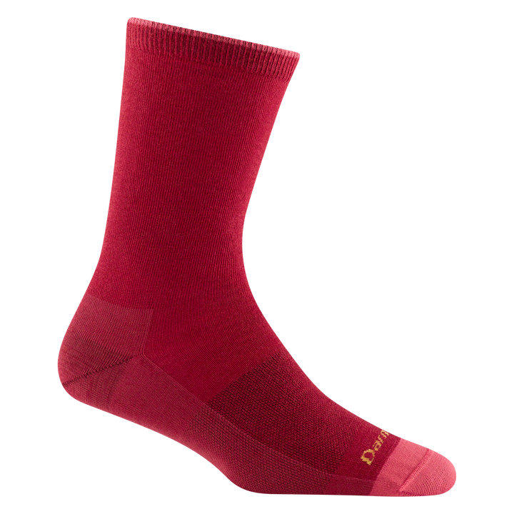 6212 women's basic crew lifestyle sock in cranberry red with pink toe accent and yellow darn tough signature on forefoot
