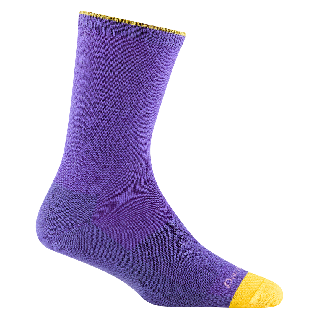 6212 women's basic crew lifestyle sock in majesty purple with yellow toe accent and pink darn tough signature on forefoot
