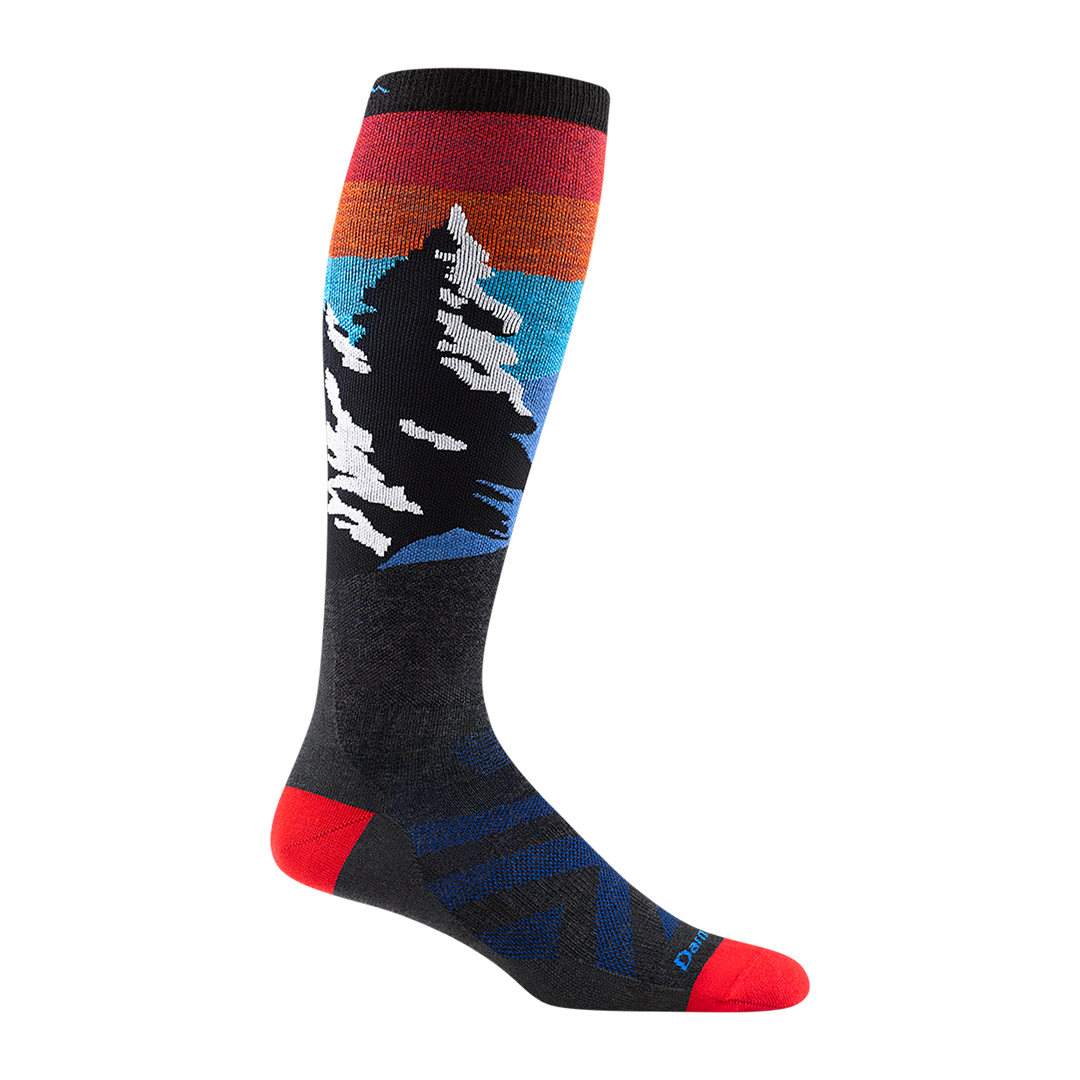 8014 men's solstice over-the-calf ski sock in charcoal with red toe/heel accents and snowing mountain design