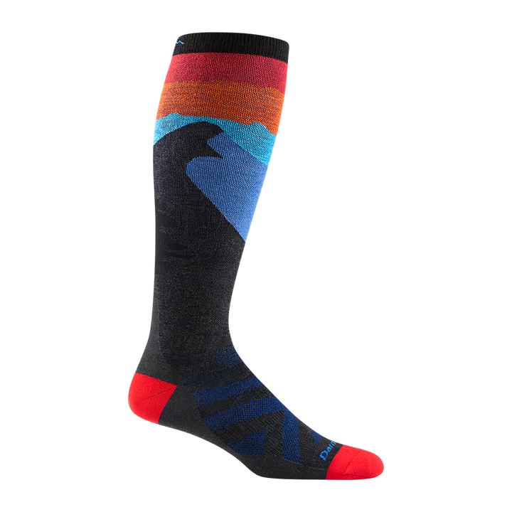 Reverse side of men's solstice over-the-calf ski sock in charcoal with red to blue sunset on calf