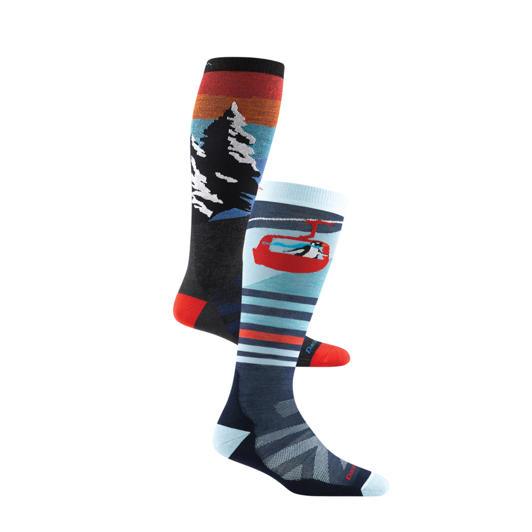 2 pack bundle shot of men's solstice over-the-calf snow sock in charcoal and the kids' skipper snow sock in color glacier