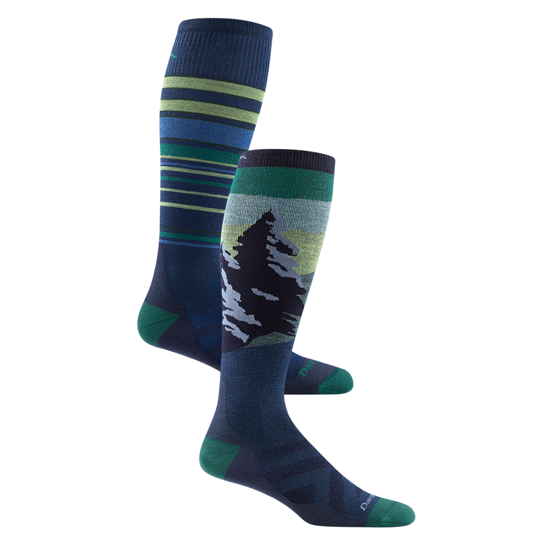 Studio shot of Solstice Lightweight and Snowpack Midweight Ski & Snowboard Socks in Midnight.
