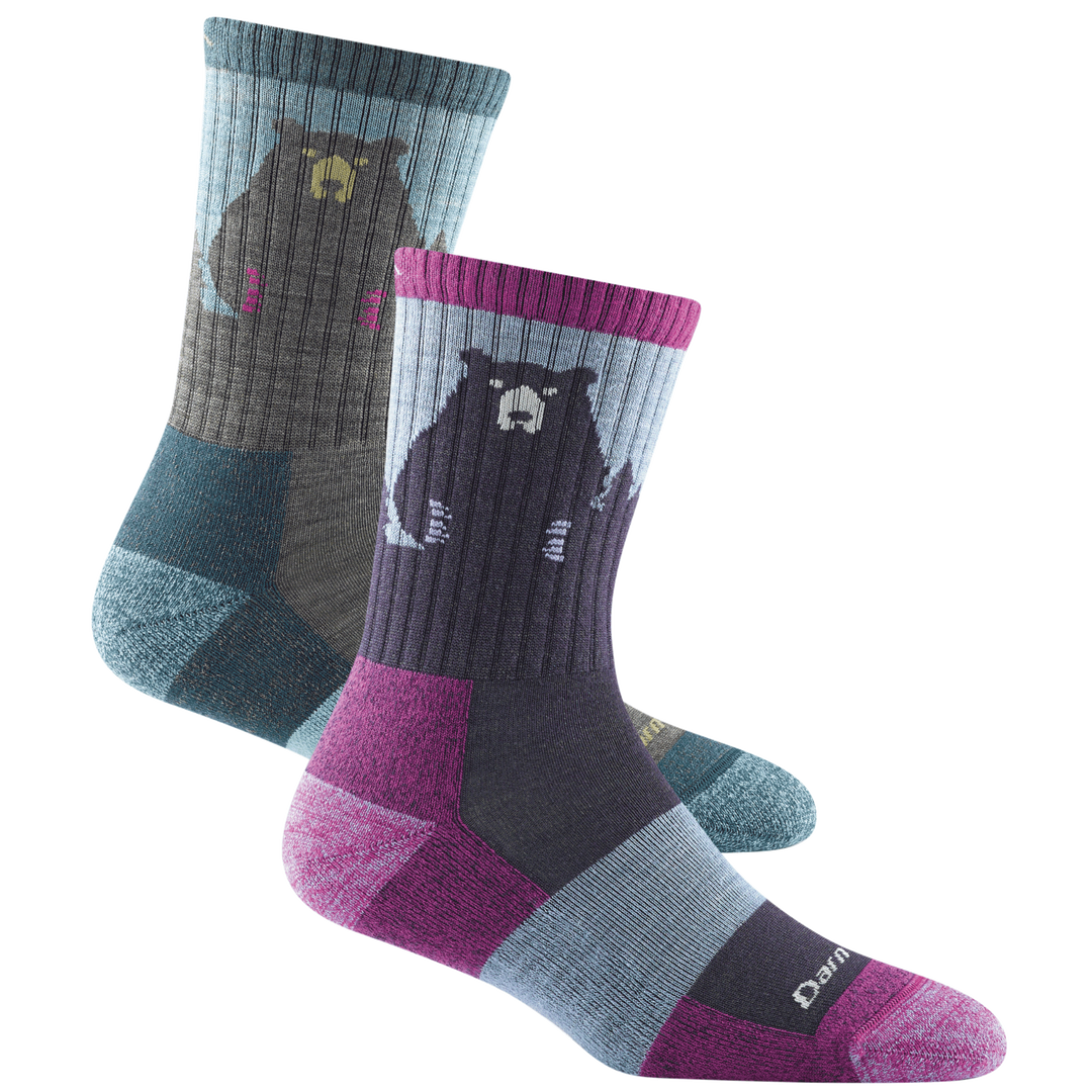 2 pack bundle shot including 2 pairs of the women's bear town micro crew hiking sock in purple and in aqua