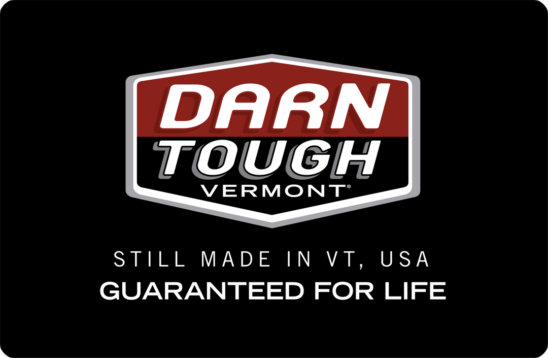 Virtual gift card with Darn Tough logo on black background with text, "Still made in VT, USA Guaranteed for Life"